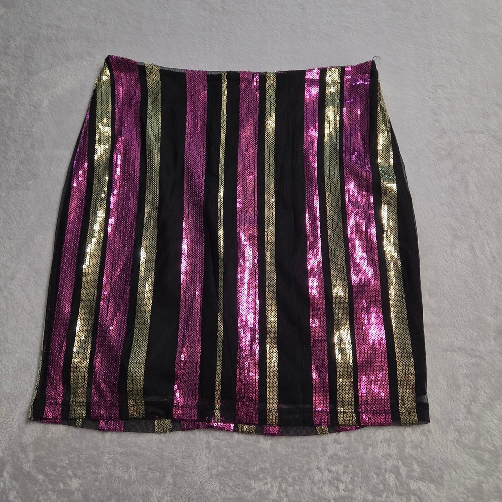 Noisy May MATILDA Short Skirt 7 Pink Gold Sequin Striped Mini Black Small NWT